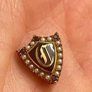 Vintage Gold fraternity pin with pearl inlay and tiny rubies